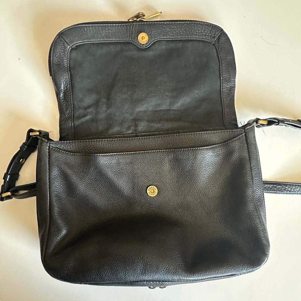 Fossil Black Leather Foldover Zip Around Bag Pebbled Flap Purse Boho Slouchy - Picture 7 of 13